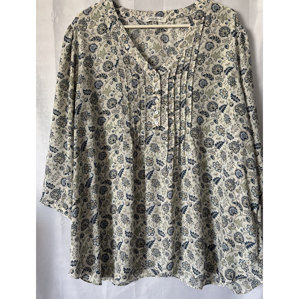 Rose Olive Blue Floral Tunic‎ Top Womens 2X  Cottagecore Popover Chiffon Flowy